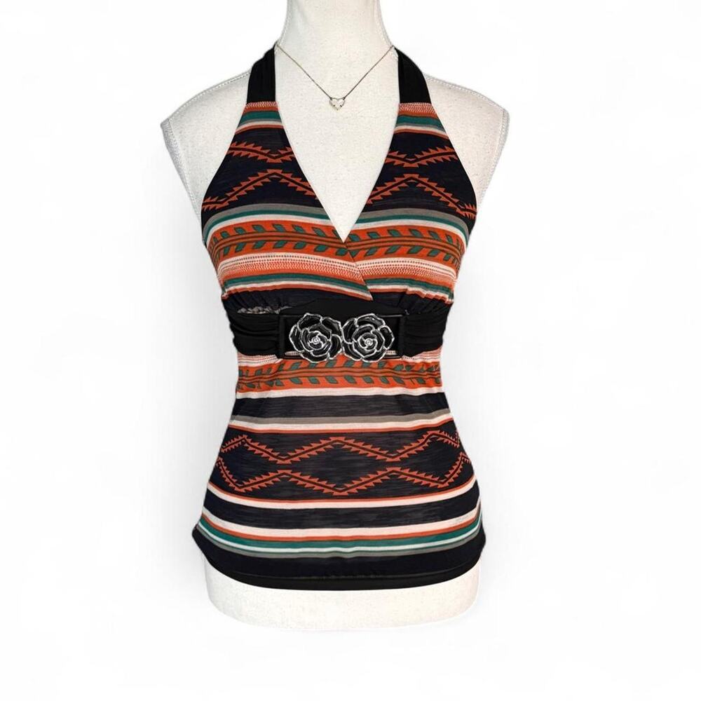 Y2K Vintage black orange teal geometric pattern halter top belt embellished top
